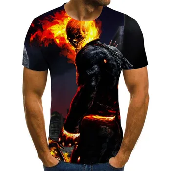 Mens Lebky, T košele Módne Letné Krátky Rukáv Ghost Rider Pohode T-shirt 3D Lebka Topy Rock Oheň Lebky Tričko Mužov