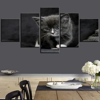 HD Plátno na Maľovanie na Stenu Umenie Rám Pre Home/Obývacia Izba Dekorácie 5 Panely Zvierat Black Malé Roztomilé Mačka Modulárny Obrázok, Plagát