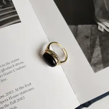 925 sterling silver ring módne temperament nastaviteľné čierny achát krúžok doprava zadarmo