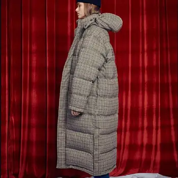 Zimné dole šatku štýl dlhé kockované hrubšie kačica dole kabát žena s kapucňou dsingle breasted zips s načechraný teplé dole kabát wq216