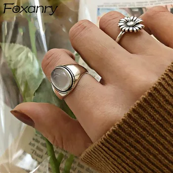 Foxanry 925 Sterling Silver Páry Prstene pre Ženy Trendy Vinobranie Ručne Biely Achát Elegantné Svadobné Party Šperky, Darčeky
