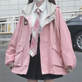 Kórejský Preppy Štýl Voľné Topy Žena Bežné Študentov Bunda Jesenná Škola Dievčatá Kabát Streetwear Solid Farba Ružová Čierna Outwear