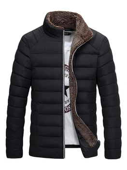 Muži Nadol Bunda Zimná Vetrovka Fleece Nadrozmerná Solid Black Základné Bundy Bežné Teplo Bavlnené Oblečenie Zips Módne Muž Kabát
